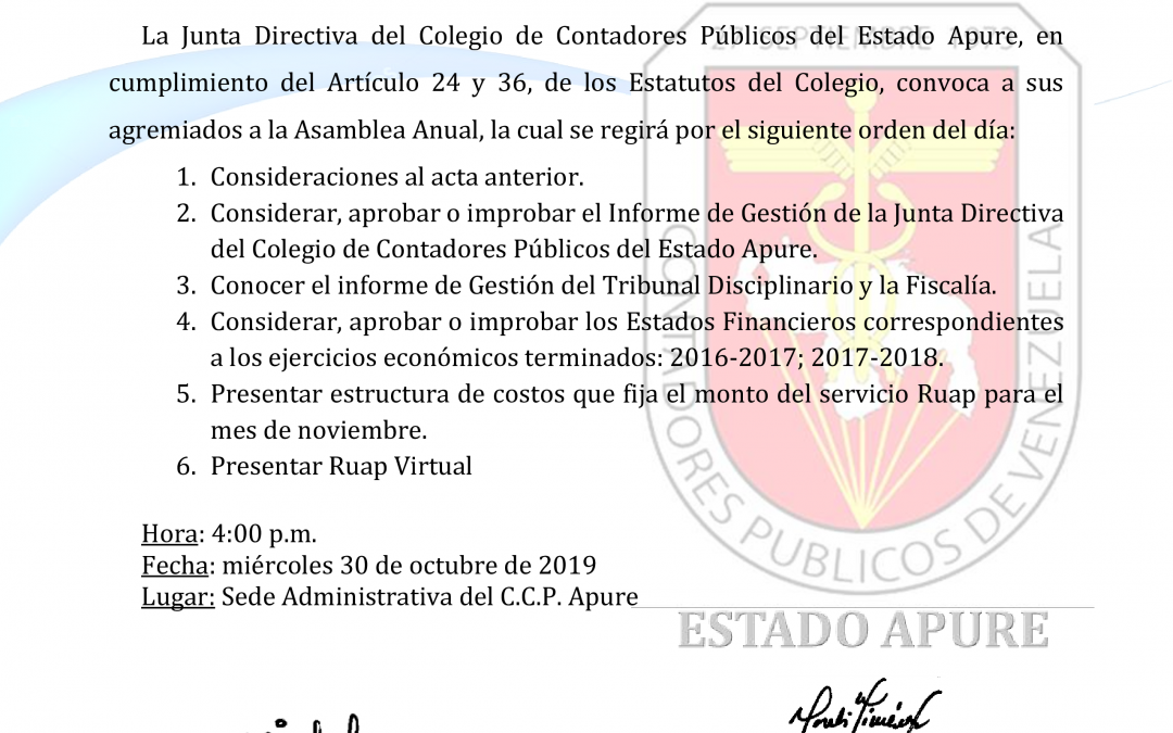 Convocatoria Asamblea Anual (30/10/2019).
